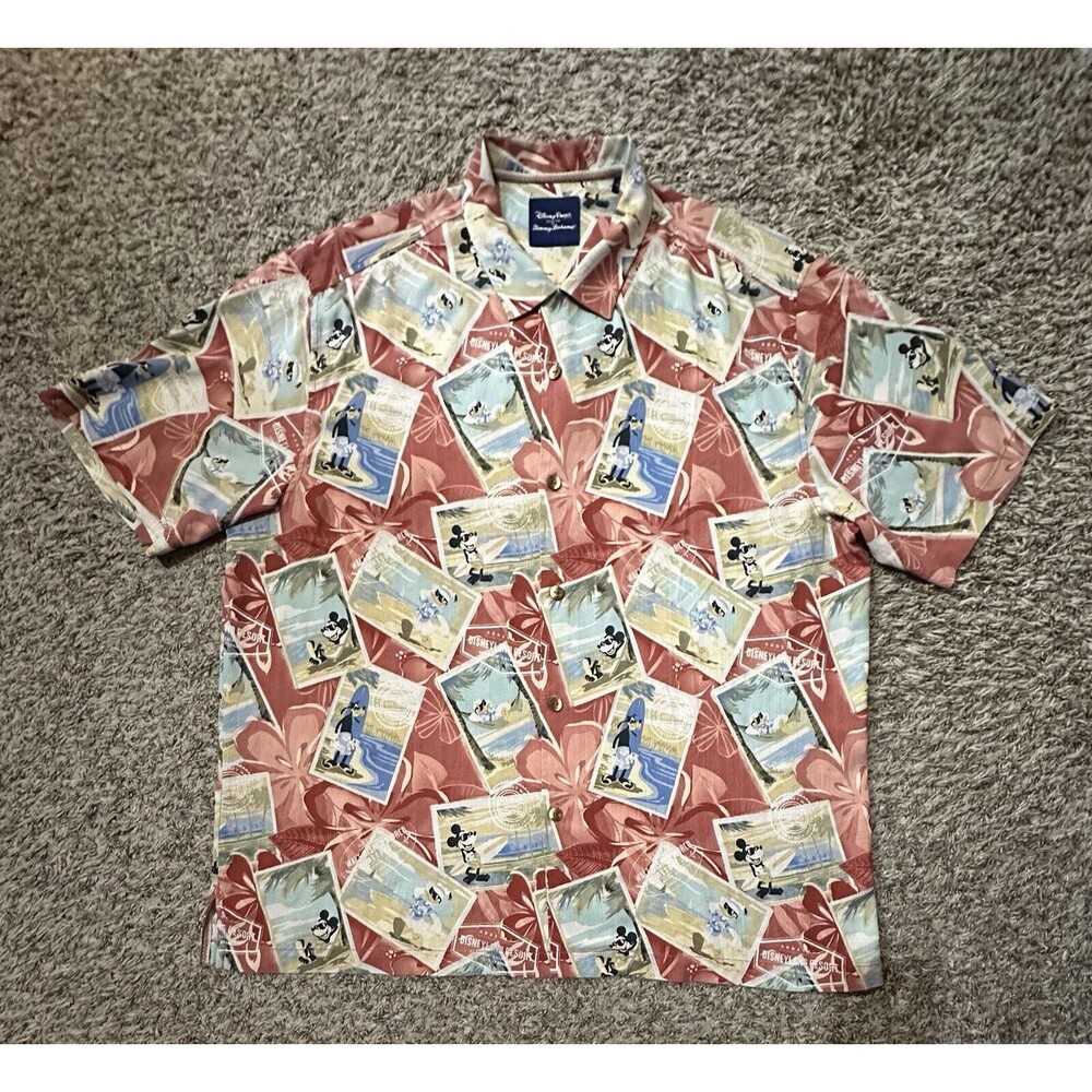 Tommy Bahama Disney Parks Silk Mickey Friends Postcard Hawaiian Shirt XL Red